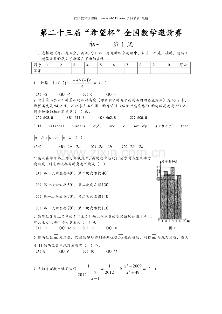 第23届初一第1试试题(word有答案).doc_第1页