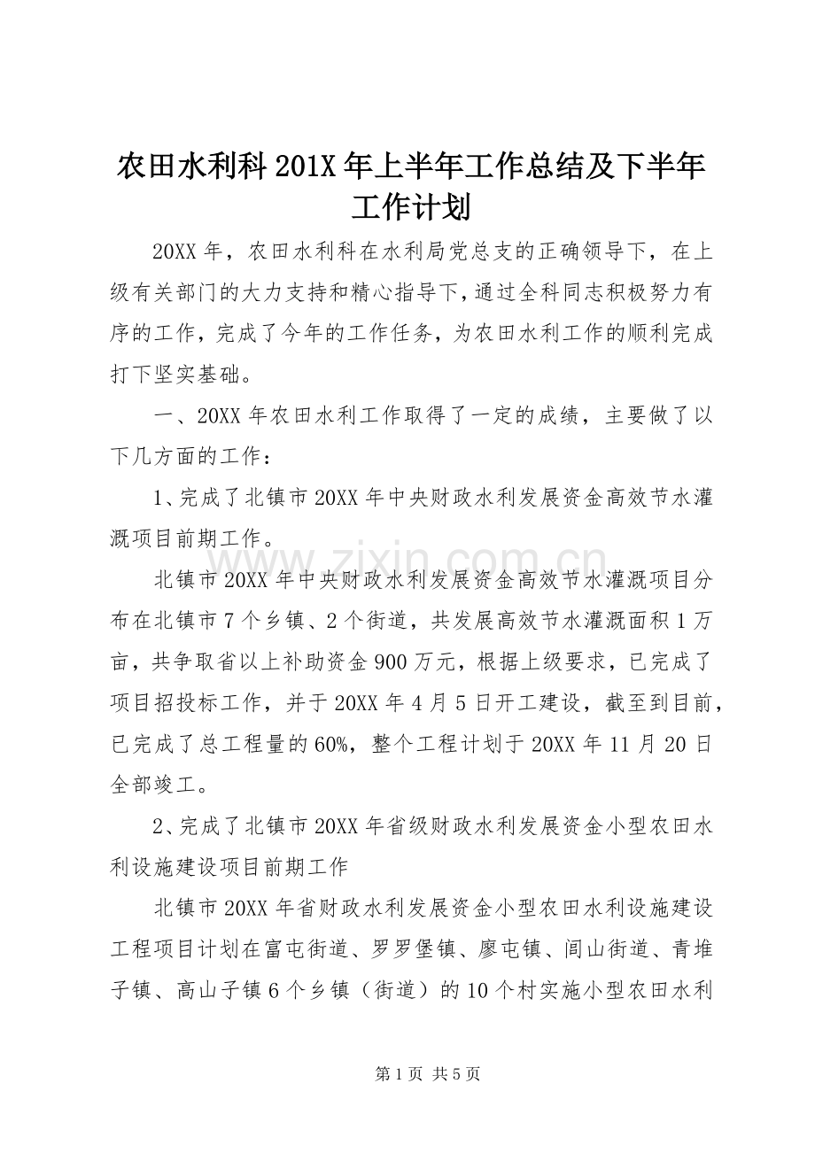 农田水利科201X年上半年工作总结及下半年工作计划.docx_第1页
