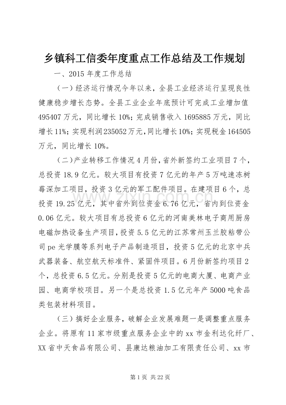 乡镇科工信委年度重点工作总结及工作规划.docx_第1页