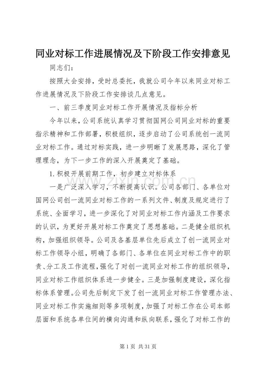 同业对标工作进展情况及下阶段工作安排意见 .docx_第1页