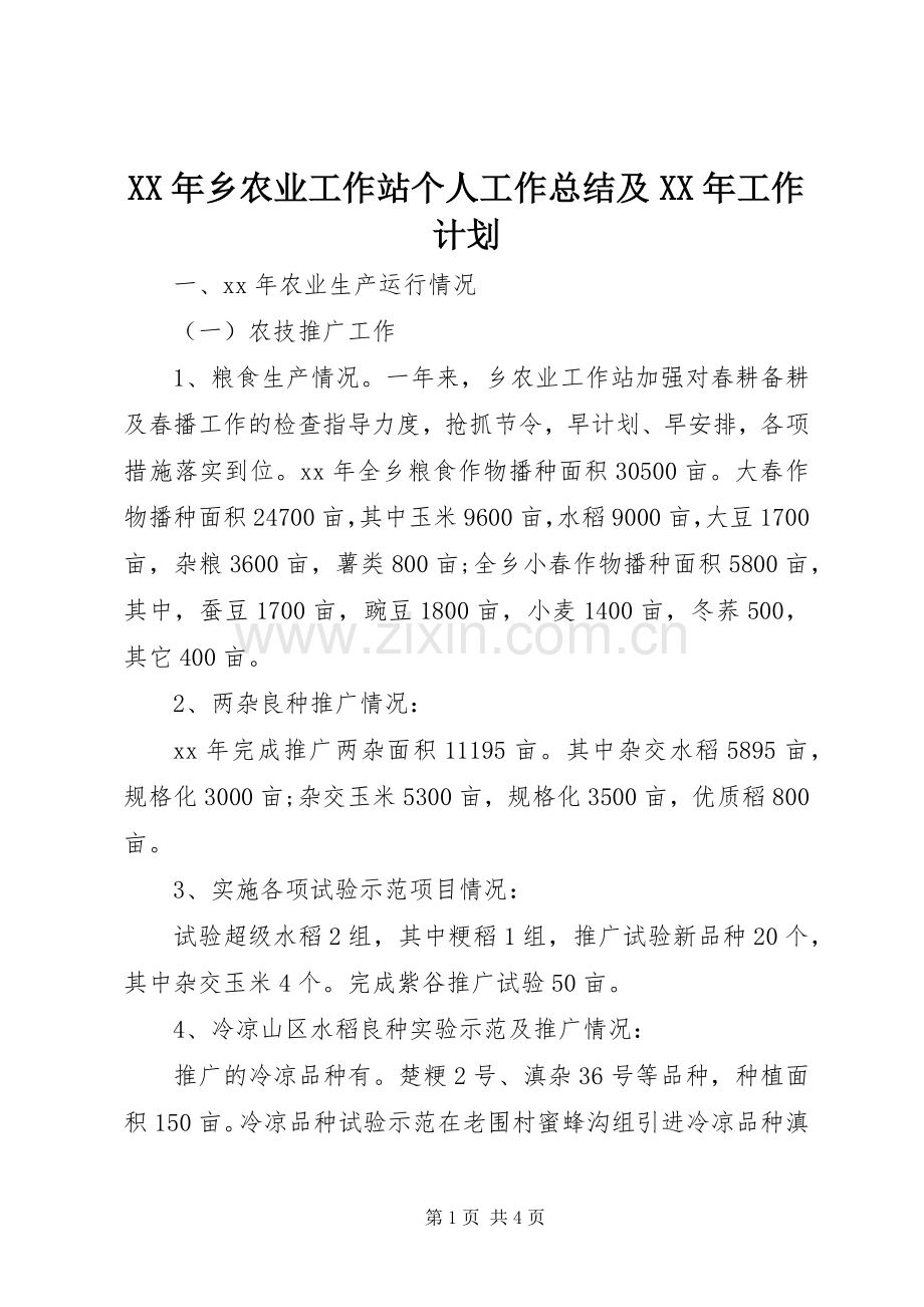 XX年乡农业工作站个人工作总结及XX年工作计划 .docx_第1页