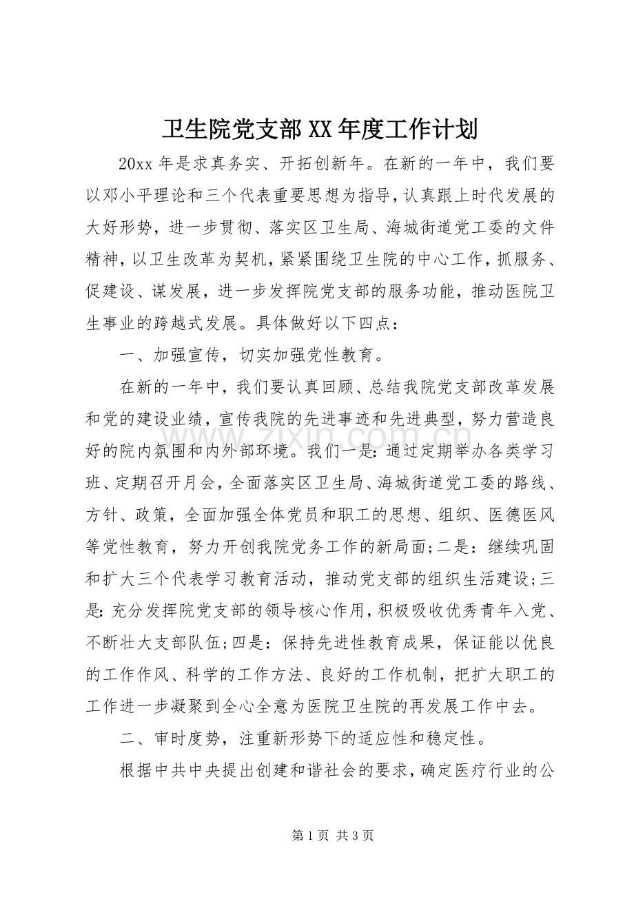 卫生院党支部XX年度工作计划.docx_第1页