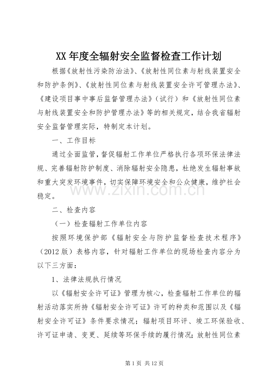 XX年度全辐射安全监督检查工作计划.docx_第1页