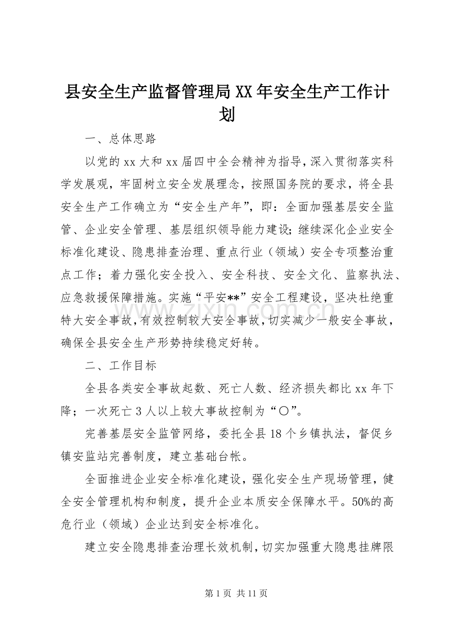县安全生产监督管理局XX年安全生产工作计划 .docx_第1页
