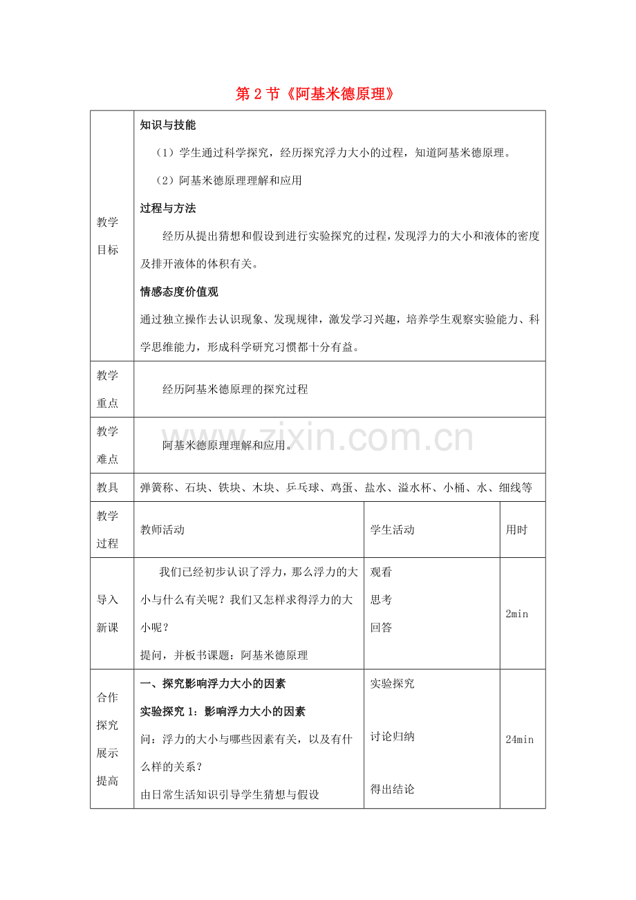 八年级物理下册 第八章 第2节《阿基米德原理》教案1 （新版）鲁教版.doc_第1页