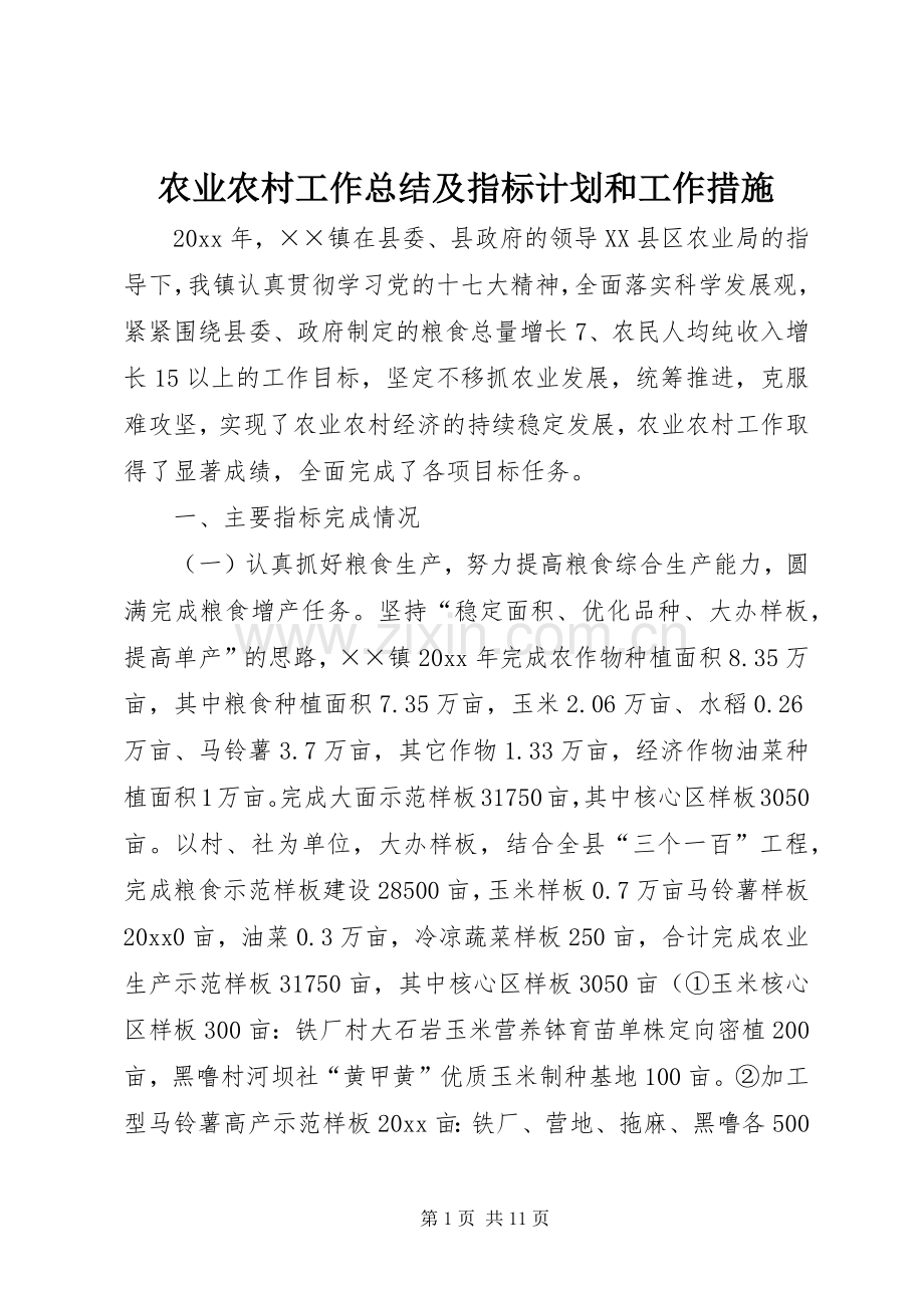 农业农村工作总结及指标计划和工作措施.docx_第1页