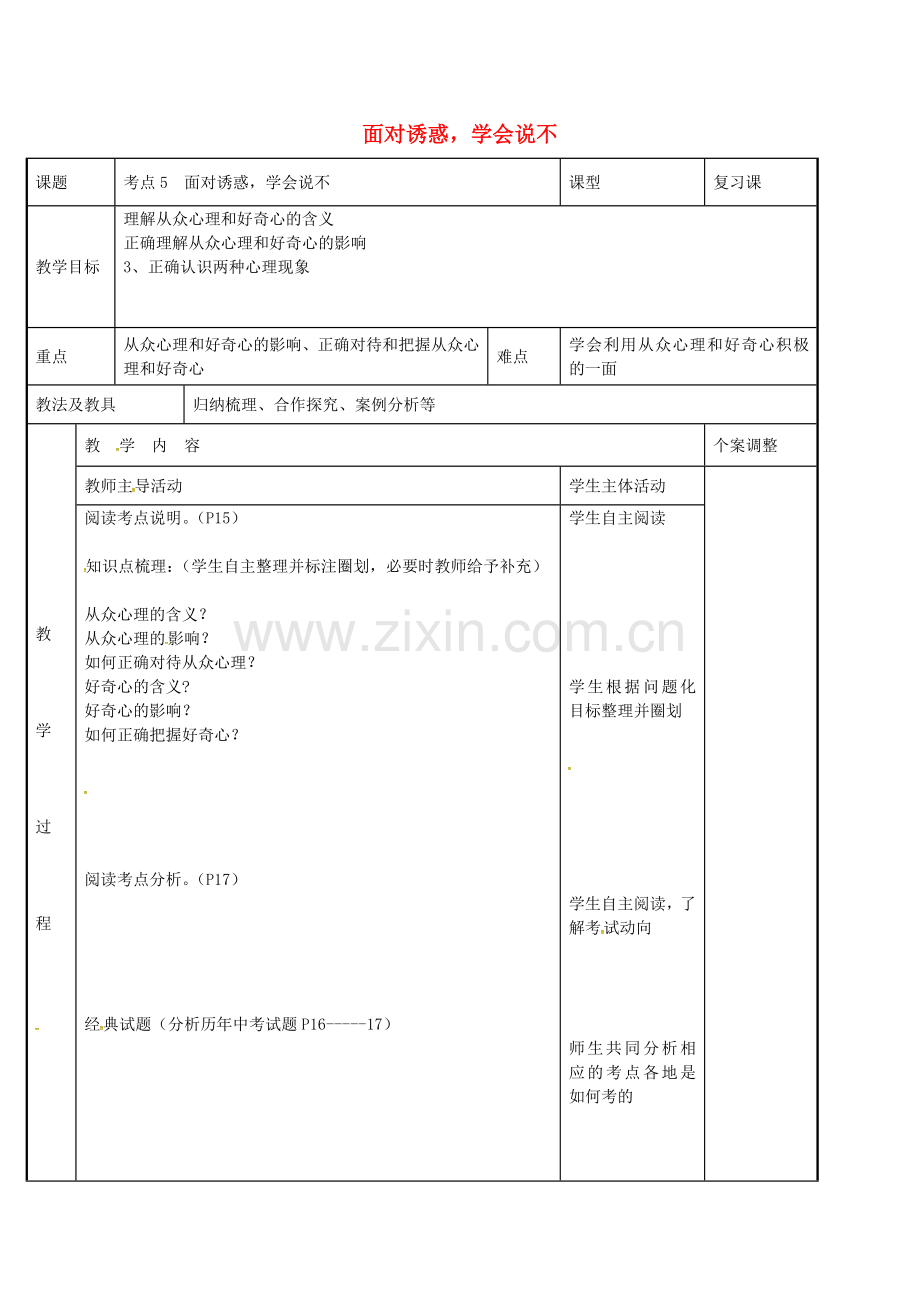 九年级政治全册 考点5 面对诱惑学会说不教案 苏教版-苏教版初中九年级全册政治教案.doc_第1页