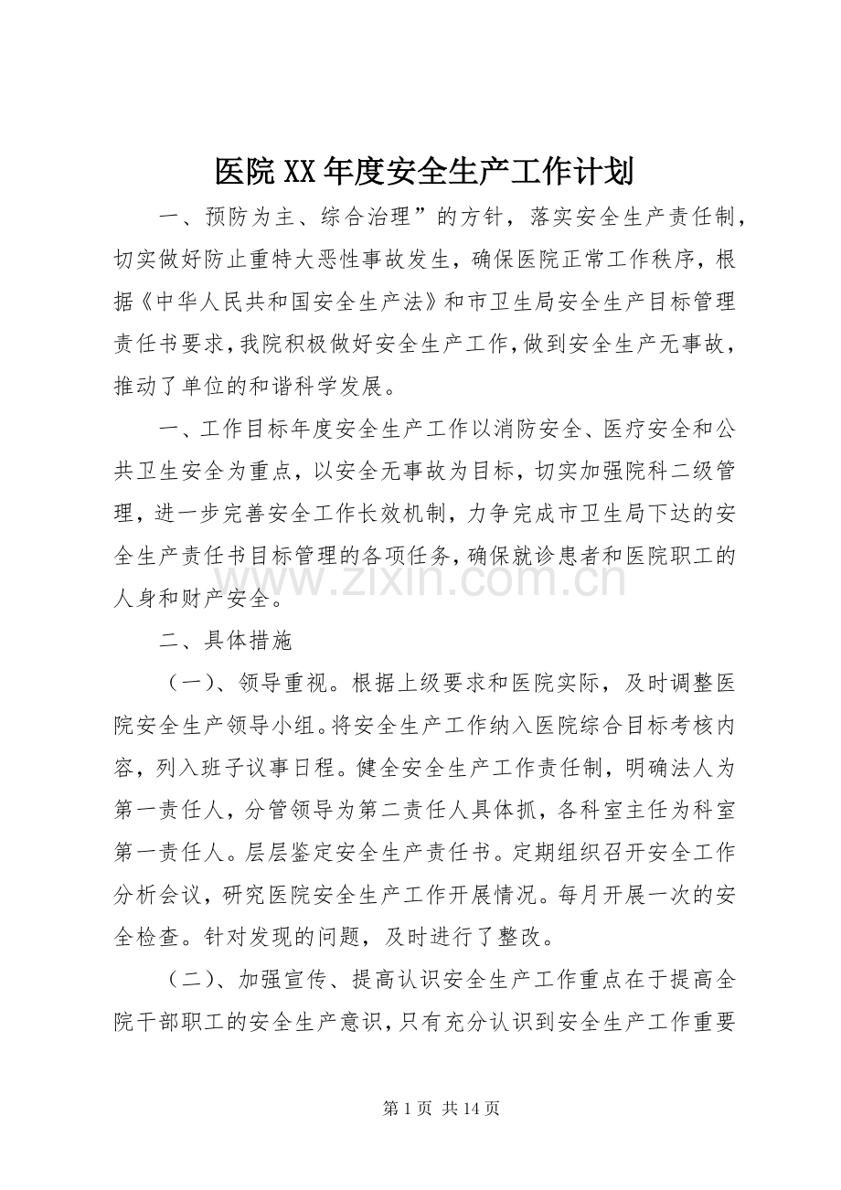 医院XX年度安全生产工作计划.docx_第1页