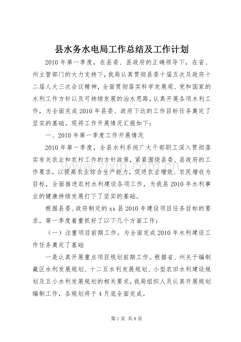 县水务水电局工作总结及工作计划.docx_第1页