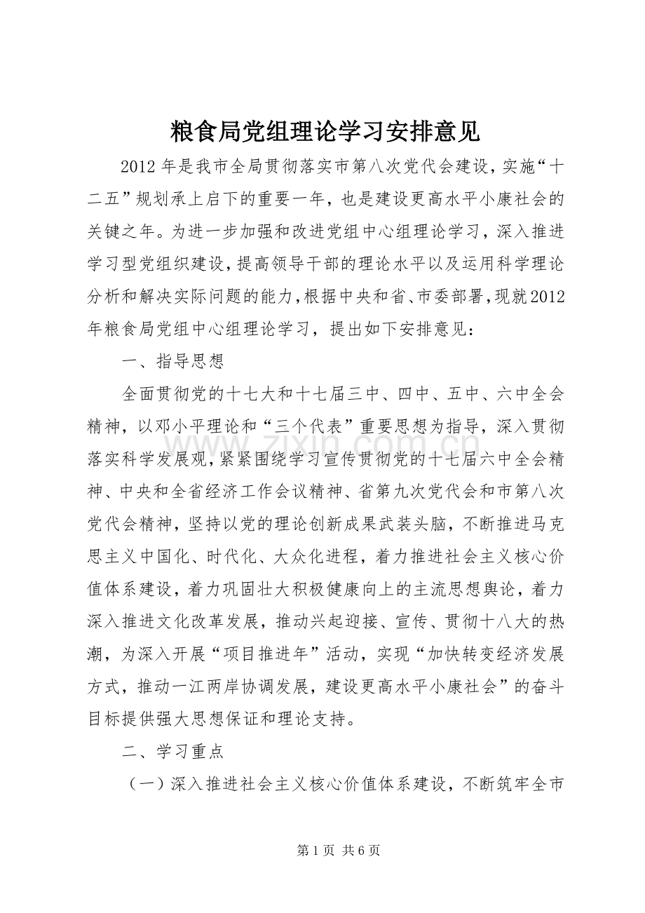 粮食局党组理论学习安排意见.docx_第1页