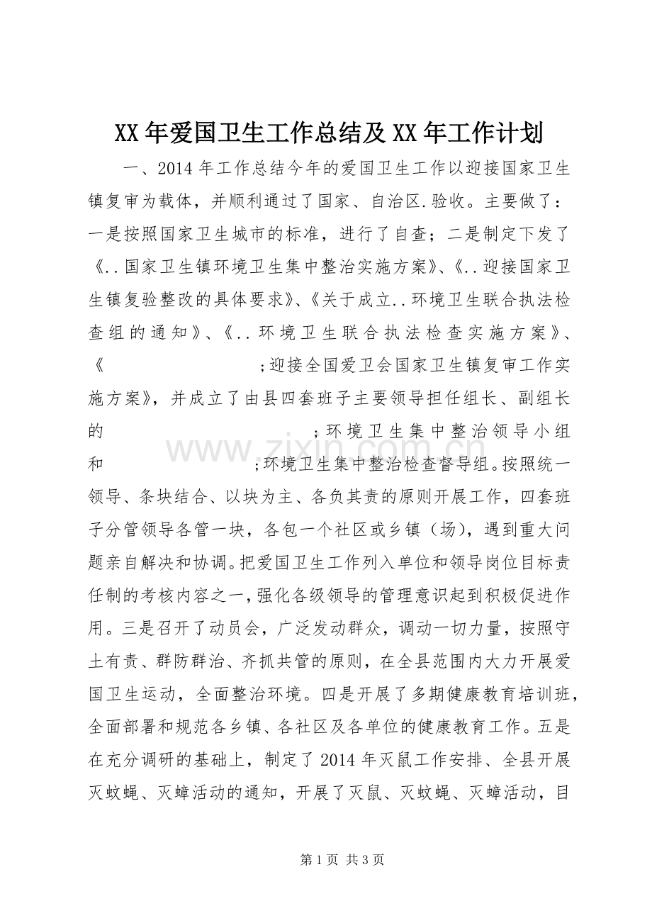 XX年爱国卫生工作总结及XX年工作计划 .docx_第1页