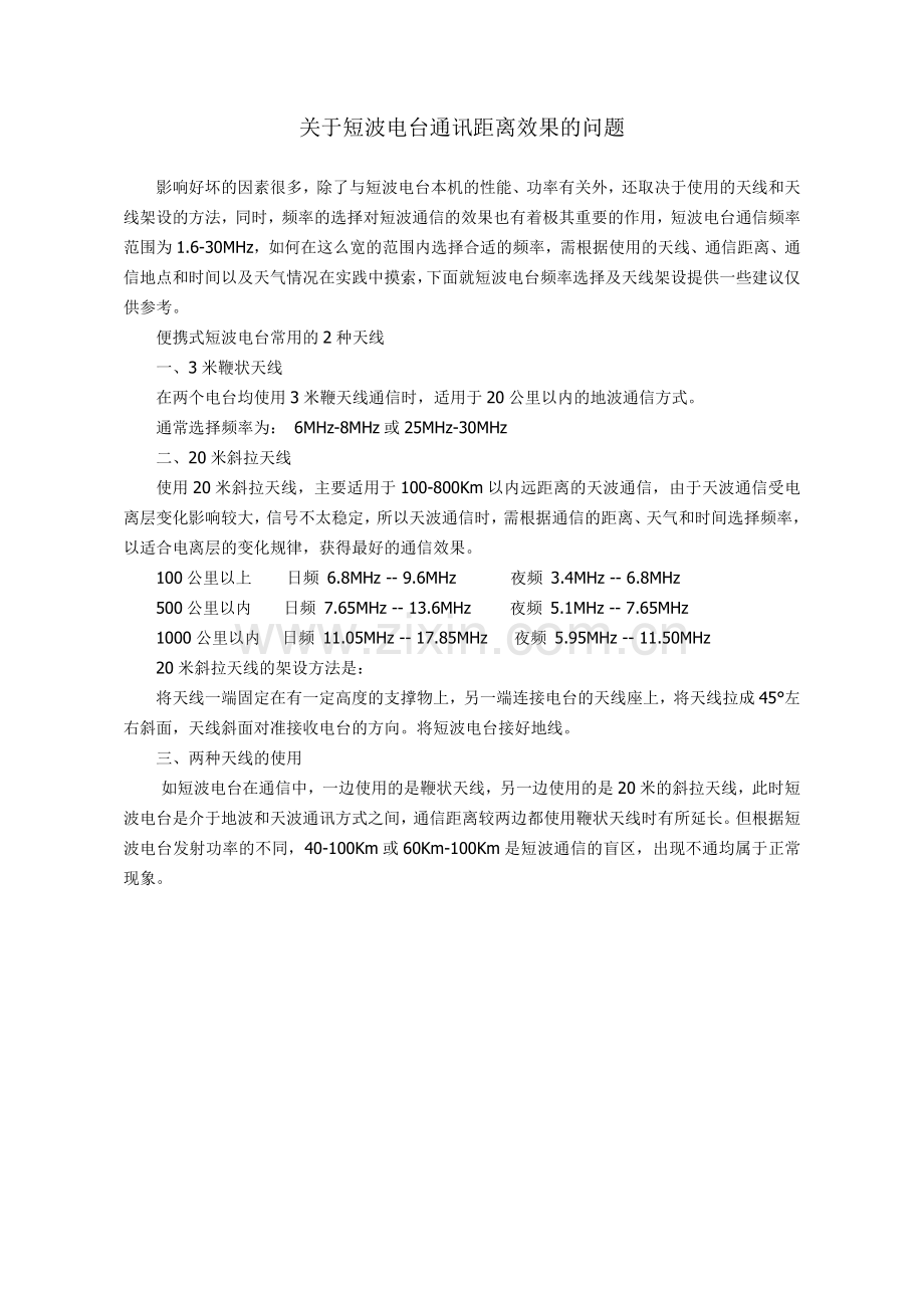 关于短波电台通讯距离效果的问题.doc_第1页