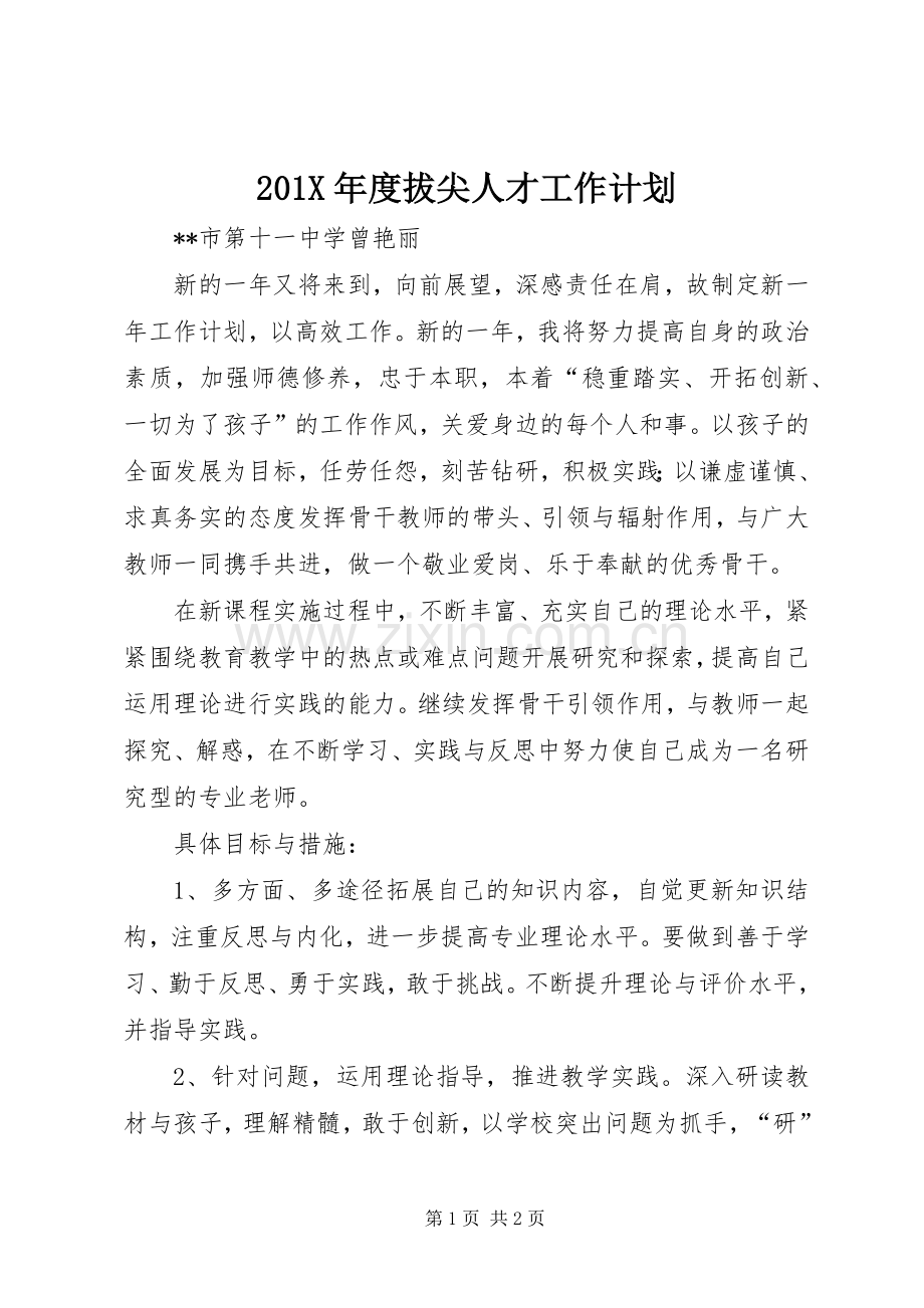 201X年度拔尖人才工作计划.docx_第1页