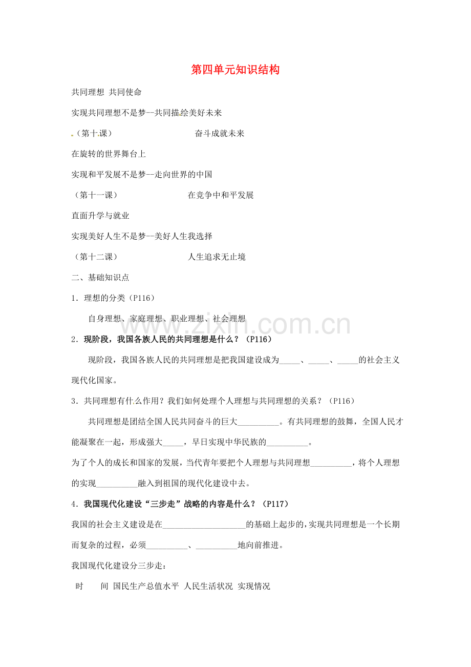 山东省安丘市东埠中学九年级政治 第四单元《我们的未来不是梦》复习教案 鲁教版.doc_第1页
