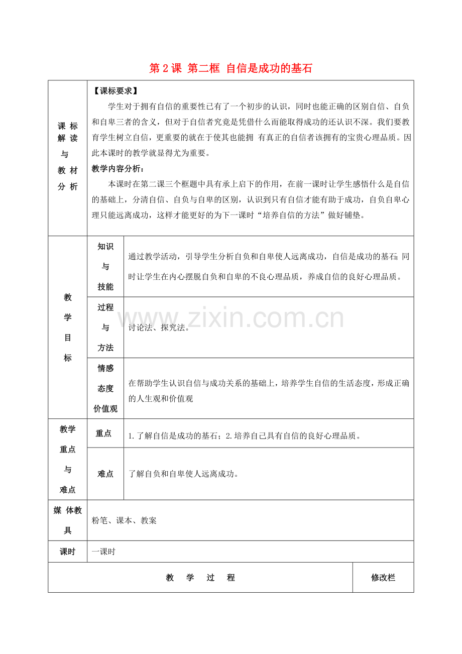 甘肃省武威第十一中学七年级政治下册《第一单元 第2课 第二框 自信是成功的基石》教案 新人教版.doc_第1页