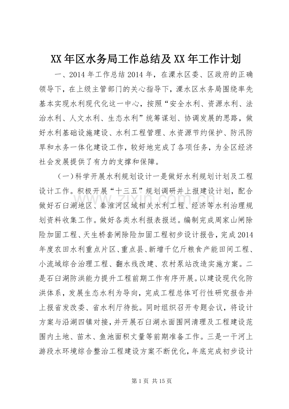 XX年区水务局工作总结及XX年工作计划.docx_第1页