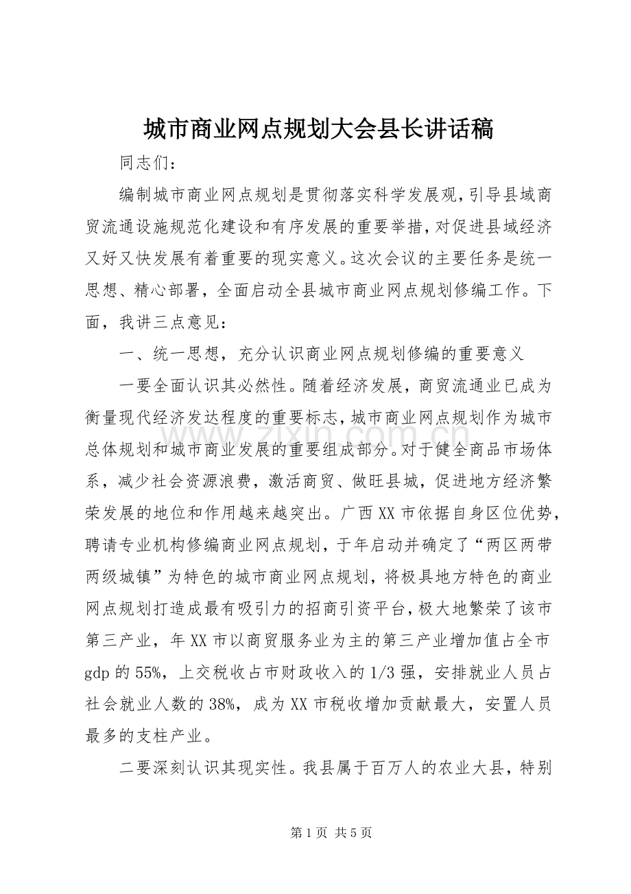 城市商业网点规划大会县长讲话稿.docx_第1页