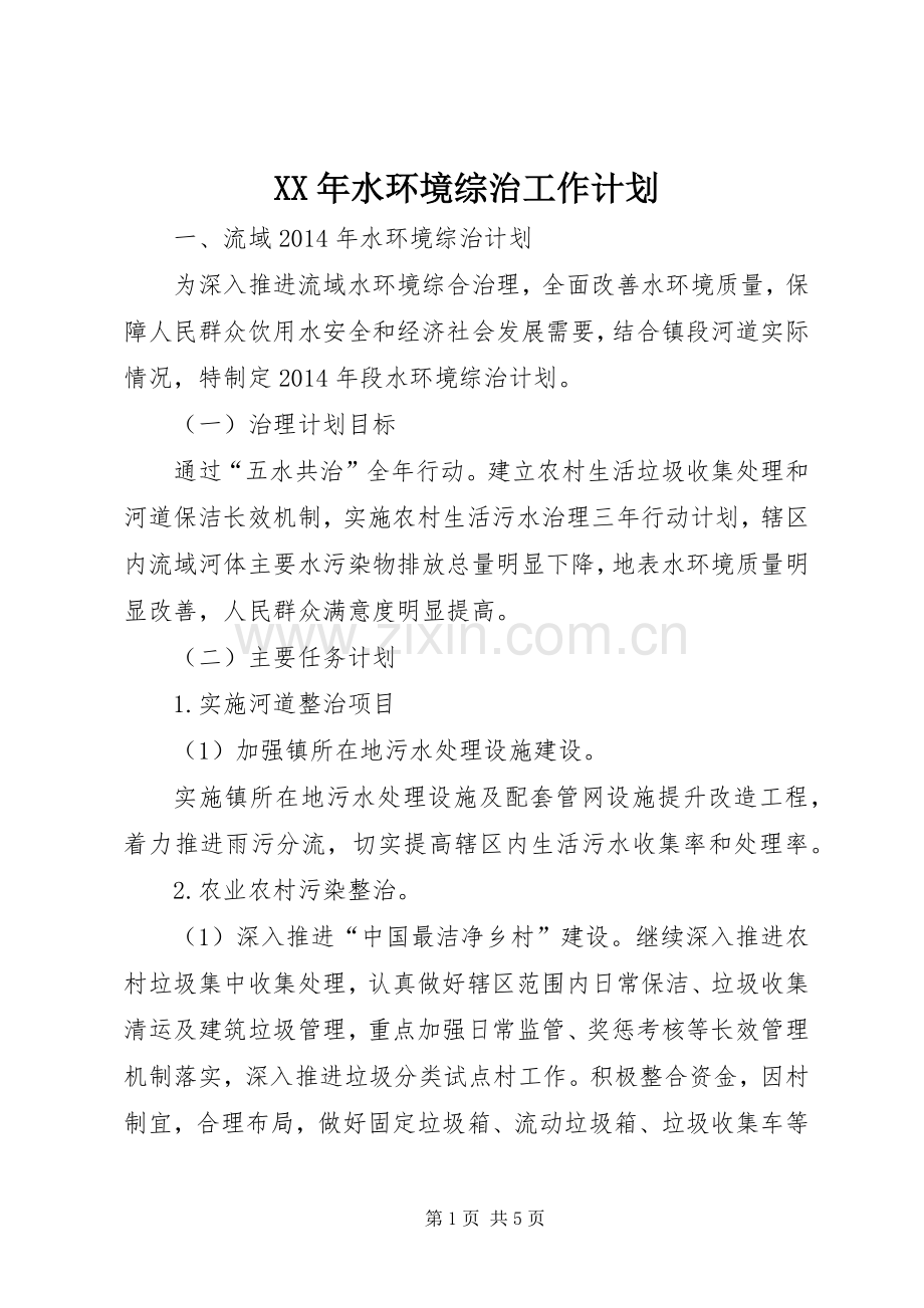 XX年水环境综治工作计划.docx_第1页