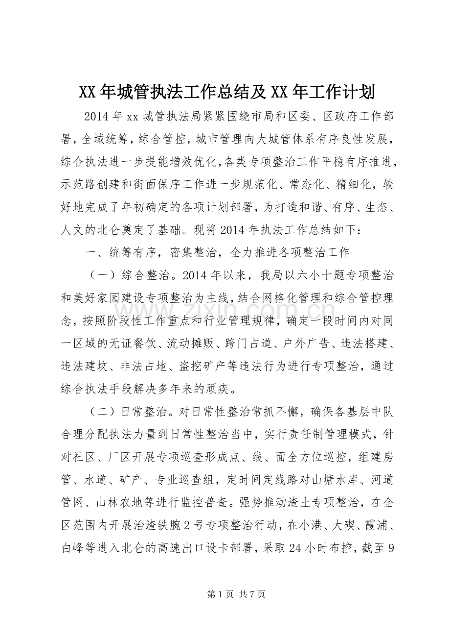 XX年城管执法工作总结及XX年工作计划.docx_第1页
