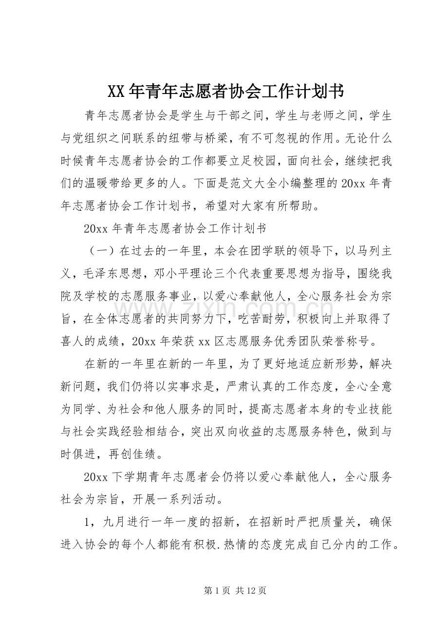 XX年青年志愿者协会工作计划书.docx_第1页