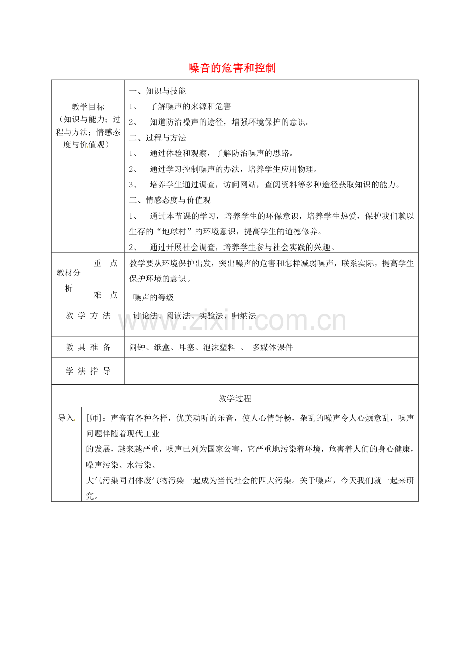 八年级物理上册 第2章 第4节 噪声的危害和控制教案 （新版）新人教版-（新版）新人教版初中八年级上册物理教案.doc_第1页