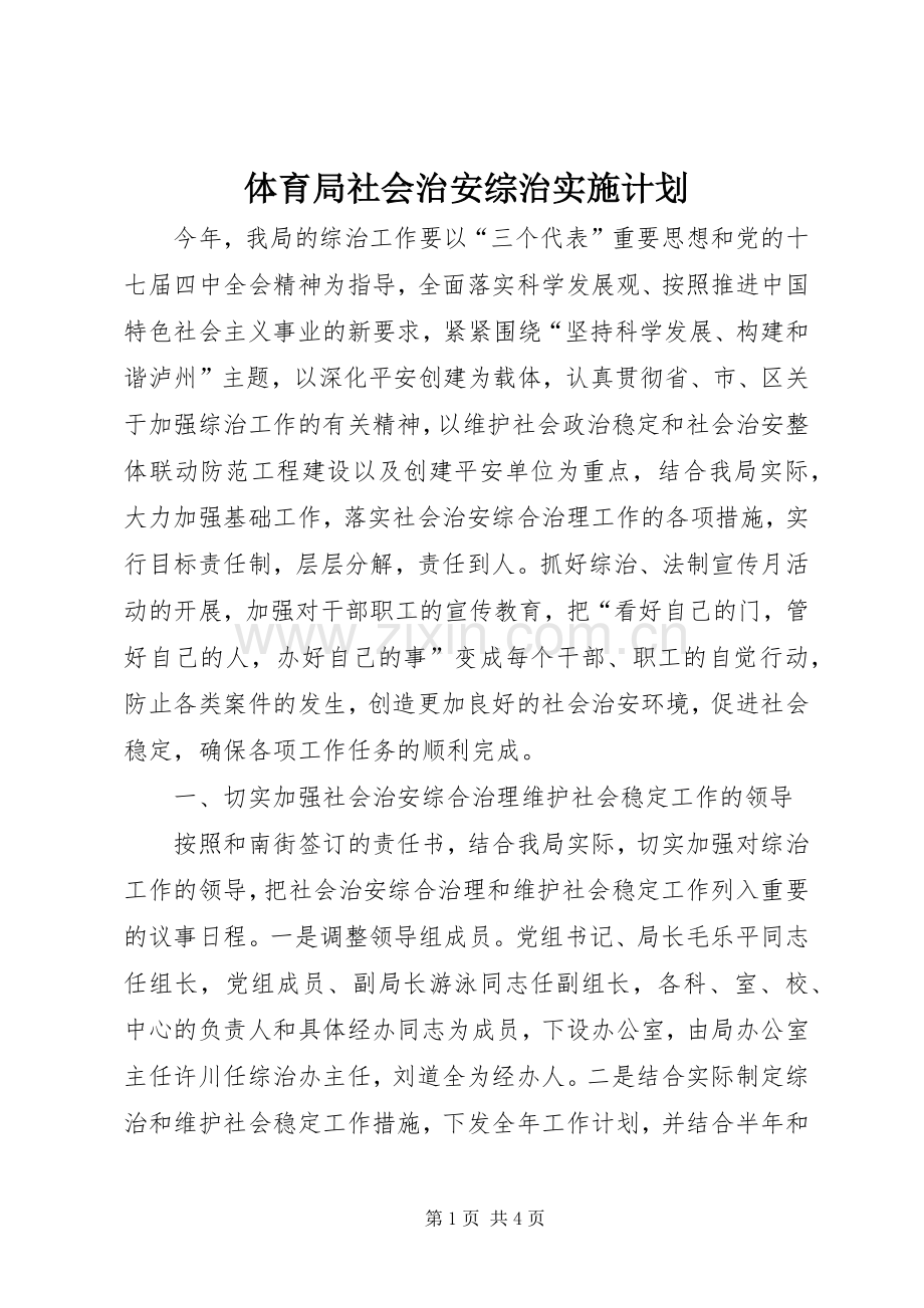体育局社会治安综治实施计划.docx_第1页