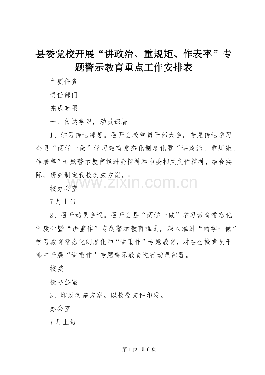 县委党校开展“讲政治、重规矩、作表率”专题警示教育重点工作安排表.docx_第1页