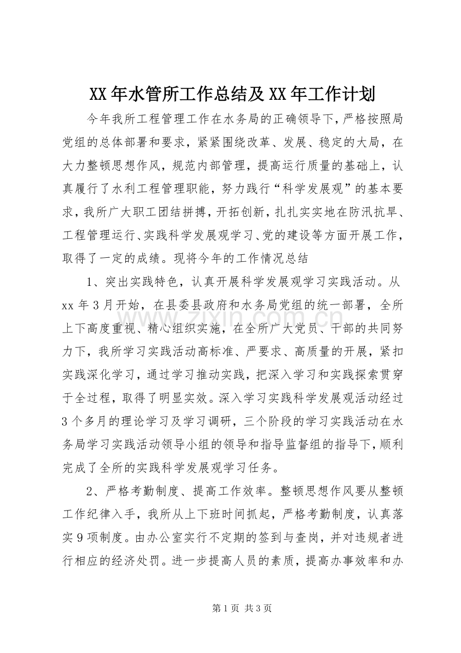 XX年水管所工作总结及XX年工作计划.docx_第1页