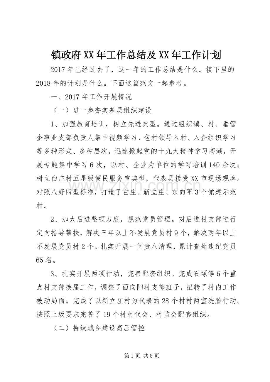 镇政府XX年工作总结及XX年工作计划.docx_第1页