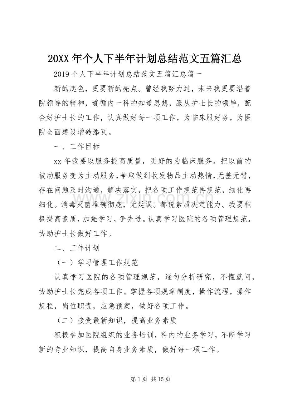 20XX年个人下半年计划总结范文五篇汇总.docx_第1页