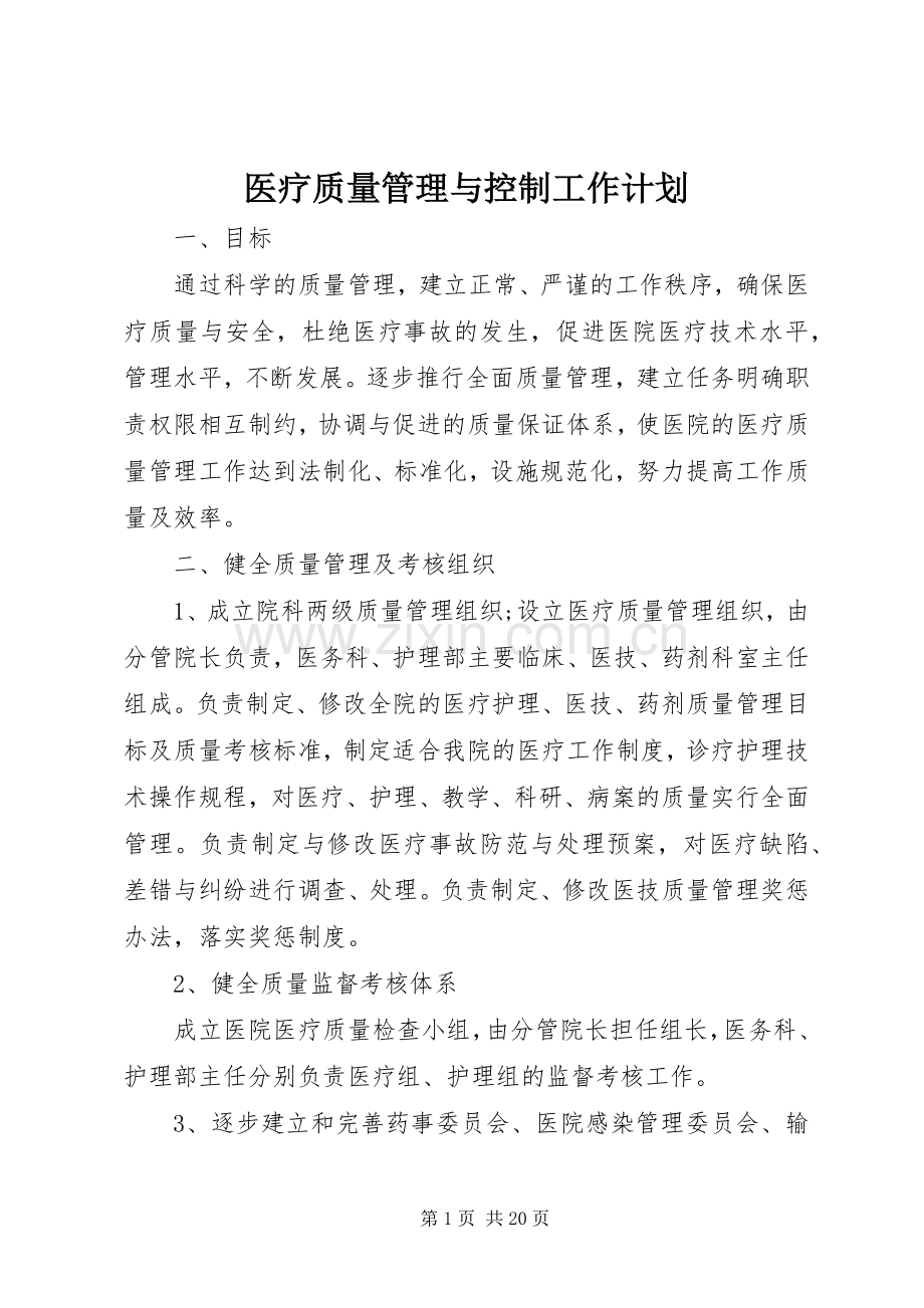 医疗质量管理与控制工作计划.docx_第1页