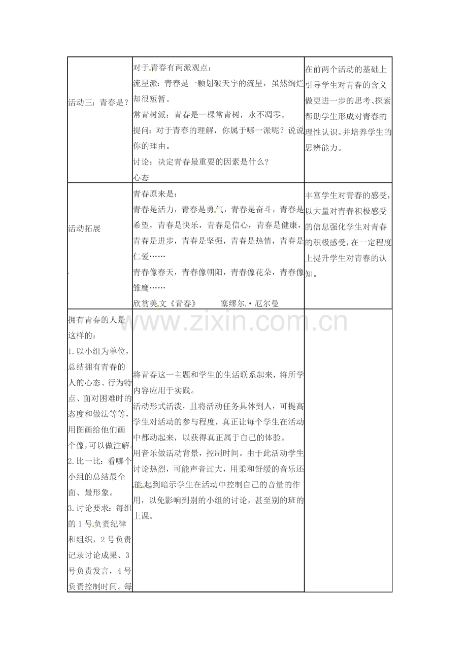 浙江省衢州市开化县池淮镇初级中学七年级思品上册 第四课 第二框 感悟青春教案 新人教版.doc_第2页