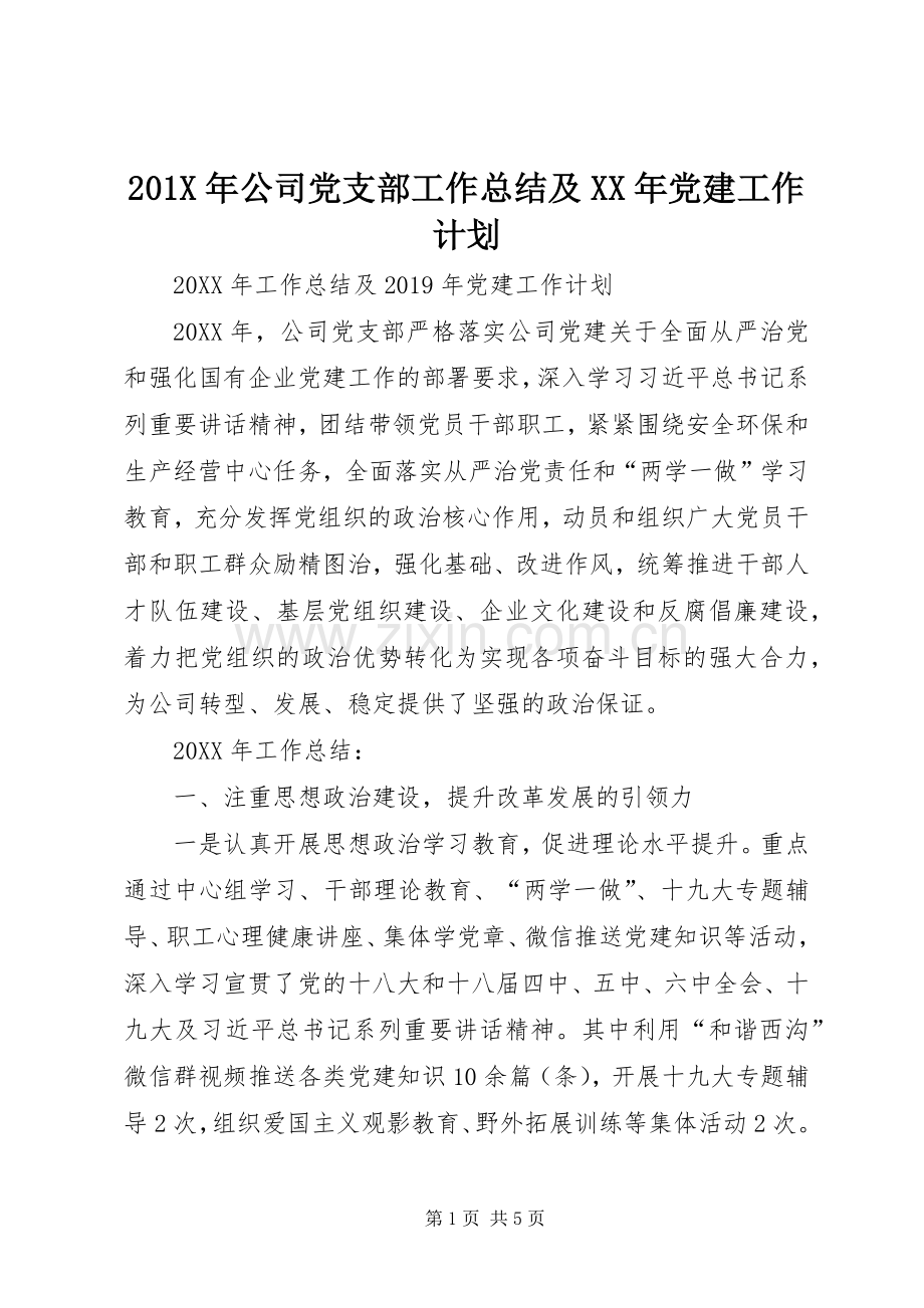 201X年公司党支部工作总结及XX年党建工作计划.docx_第1页