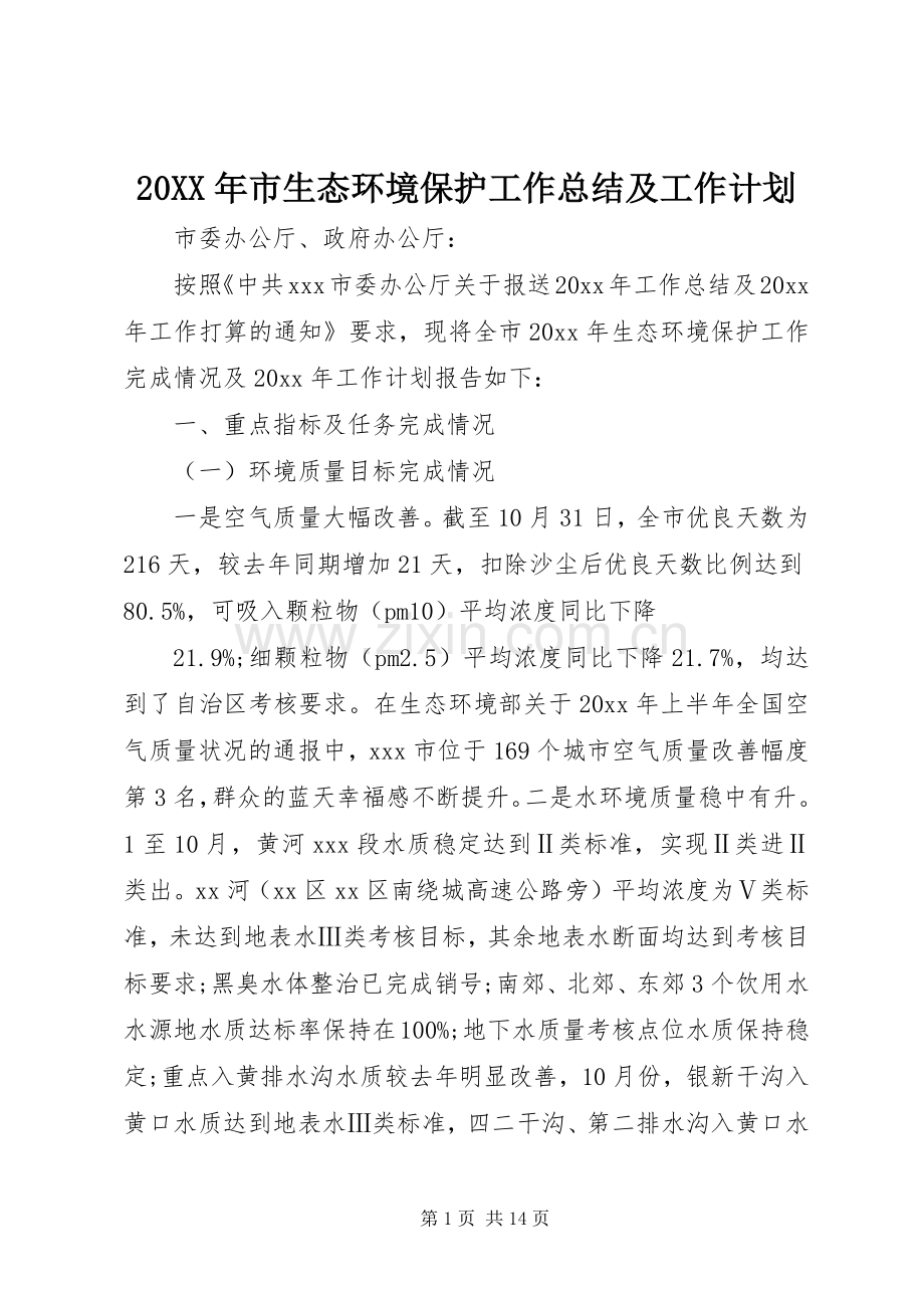 20XX年市生态环境保护工作总结及工作计划.docx_第1页