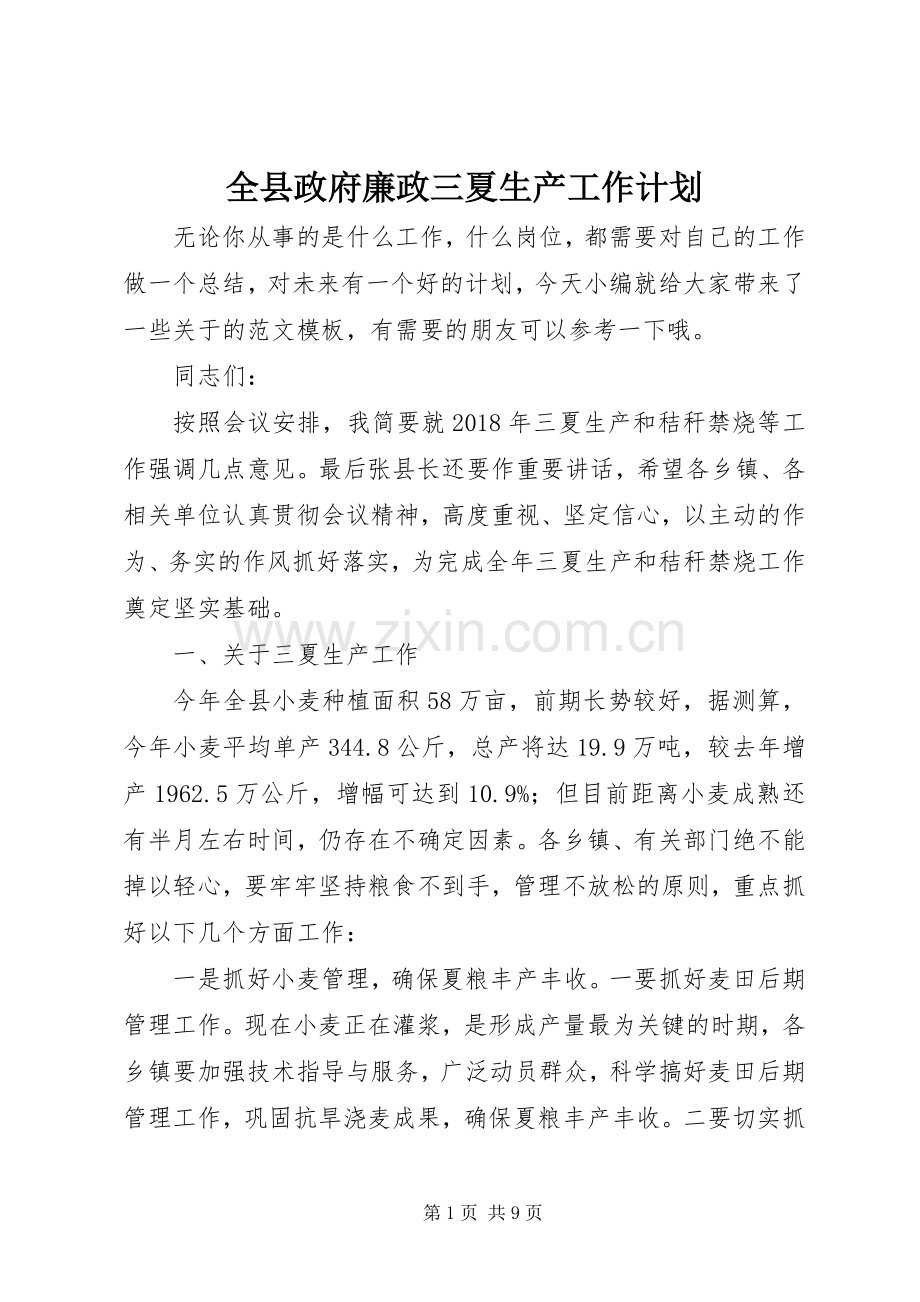 全县政府廉政三夏生产工作计划.docx_第1页