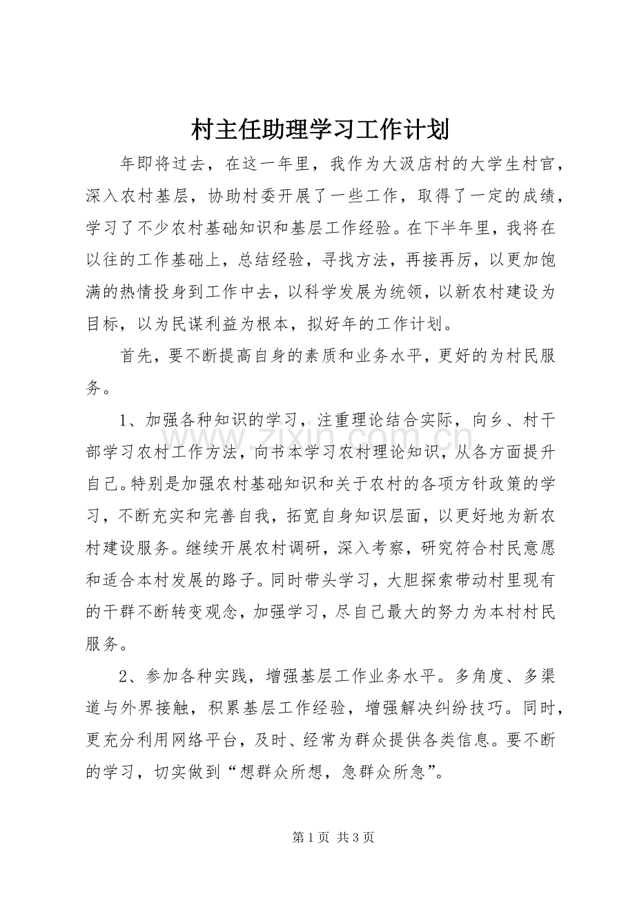 村主任助理学习工作计划 .docx_第1页