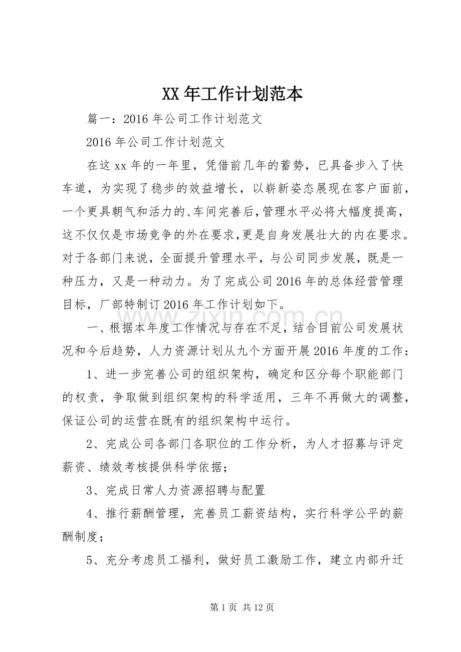 XX年工作计划范本 .docx_第1页
