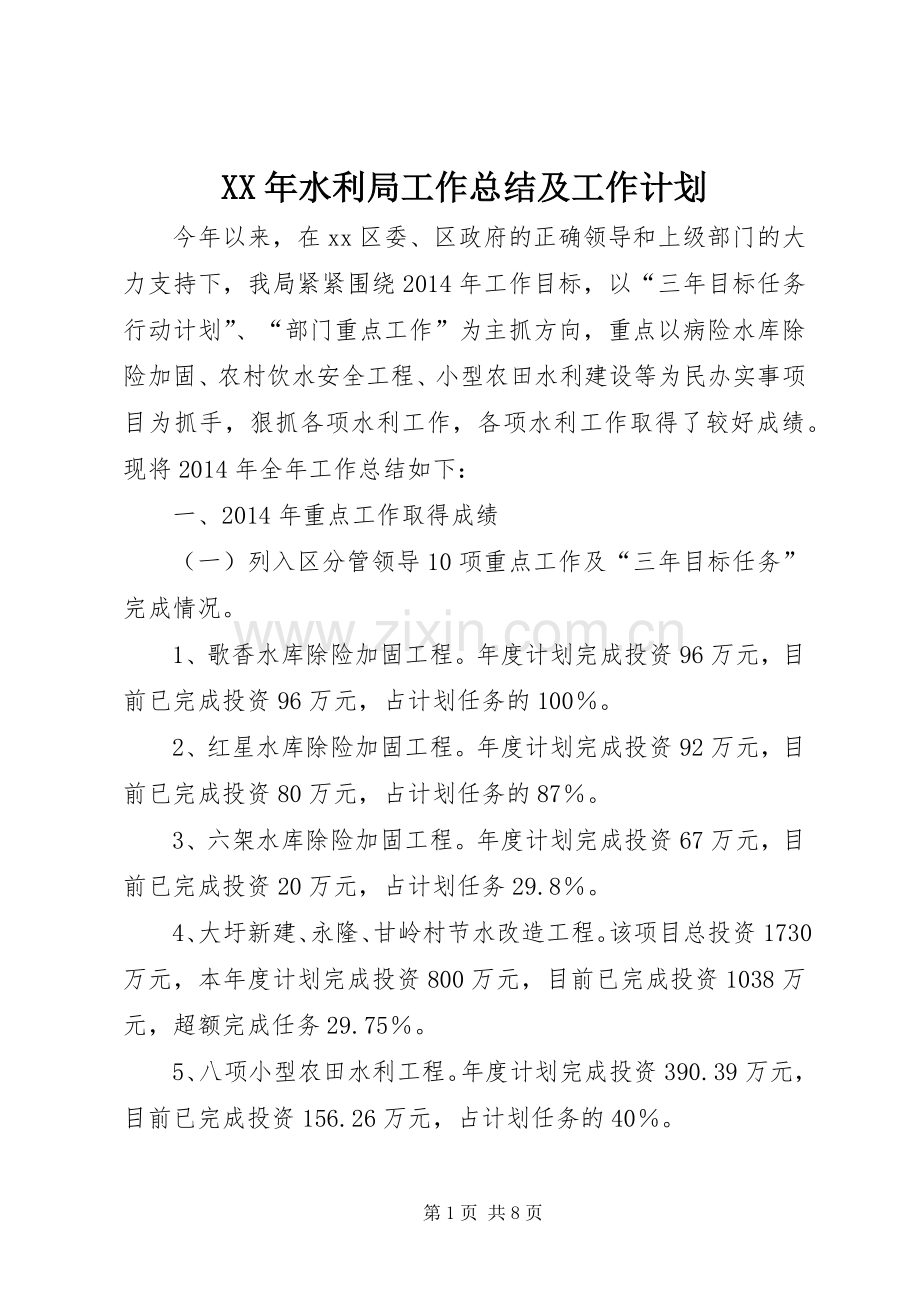 XX年水利局工作总结及工作计划.docx_第1页