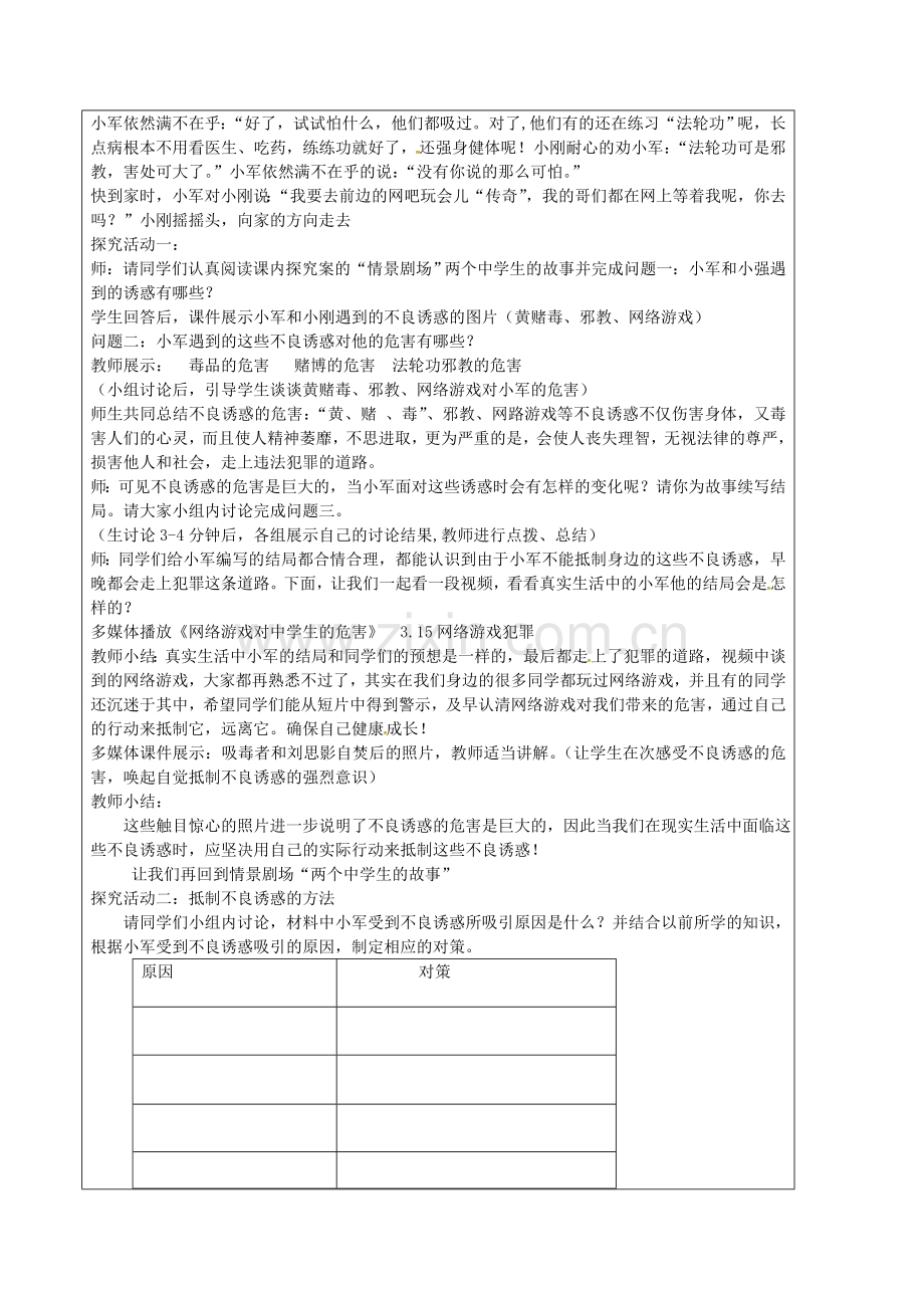 七年级政治上册 3.1 面对生活中的不良诱惑教案 鲁教版五四制-鲁教版五四制初中七年级上册政治教案.doc_第2页