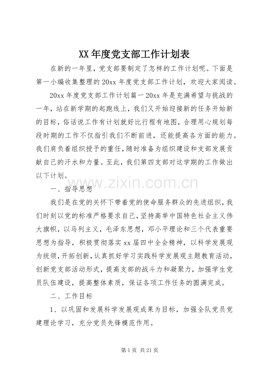 XX年度党支部工作计划表.docx_第1页