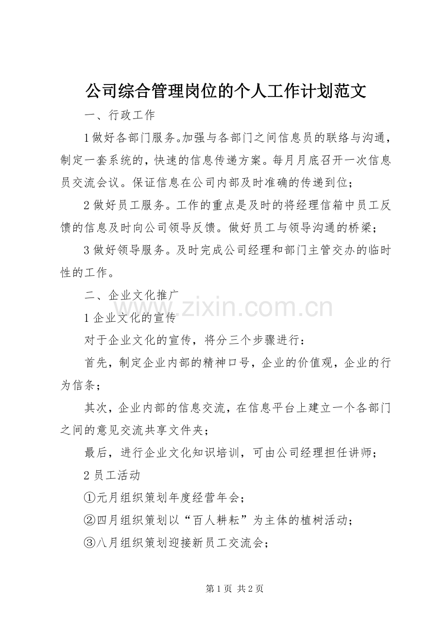 公司综合管理岗位的个人工作计划范文.docx_第1页