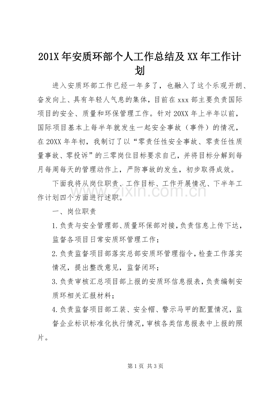 201X年安质环部个人工作总结及XX年工作计划.docx_第1页