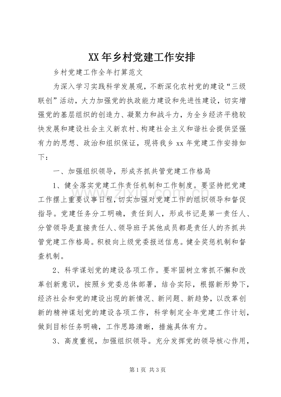 XX年乡村党建工作安排.docx_第1页