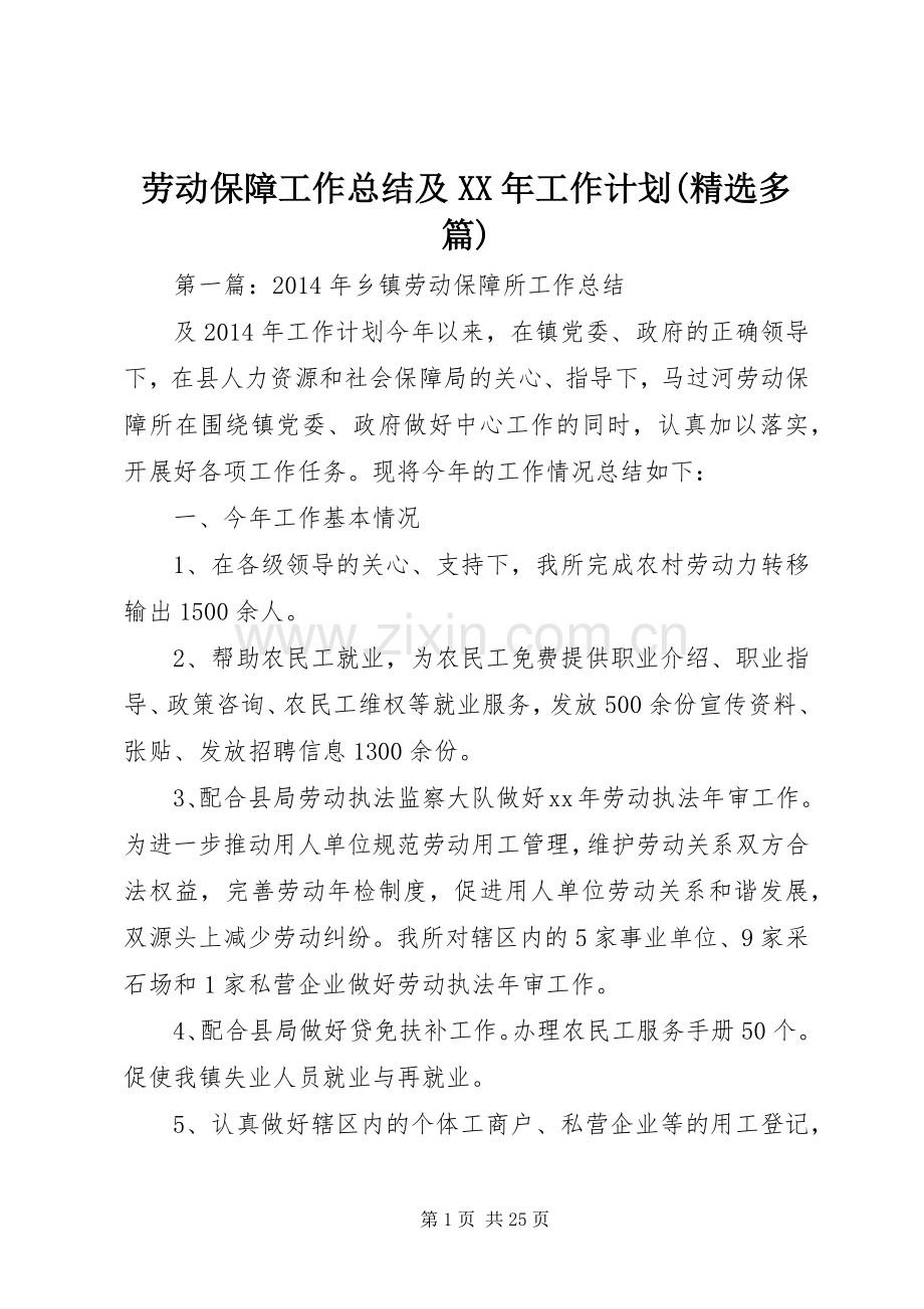 劳动保障工作总结及XX年工作计划(多篇).docx_第1页
