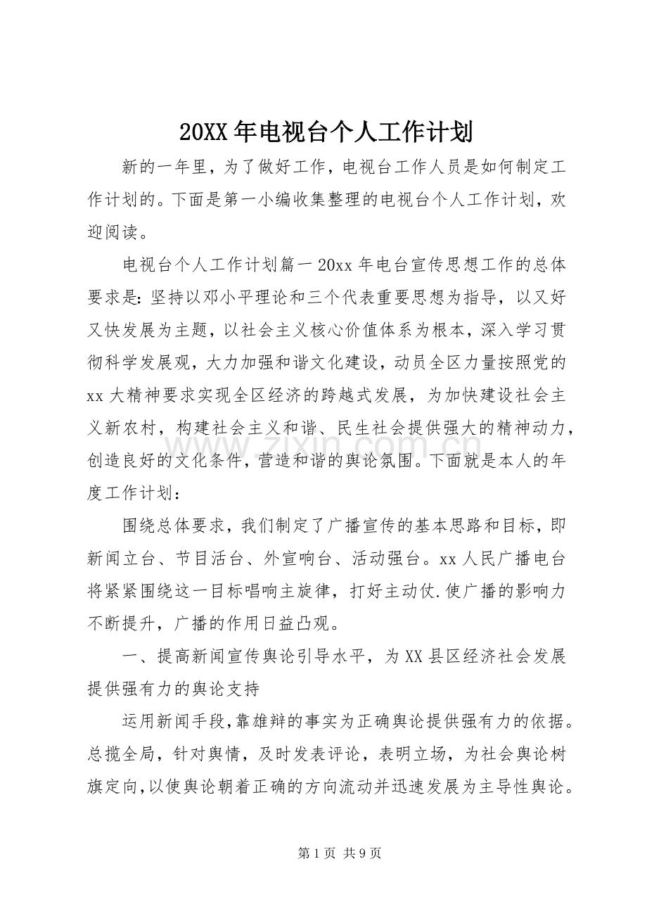 20XX年电视台个人工作计划.docx_第1页