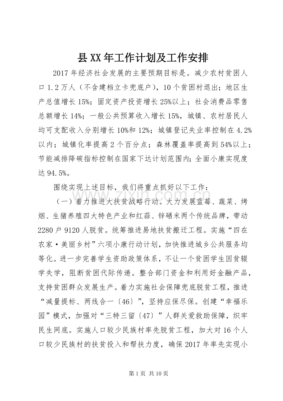 县XX年工作计划及工作安排.docx_第1页