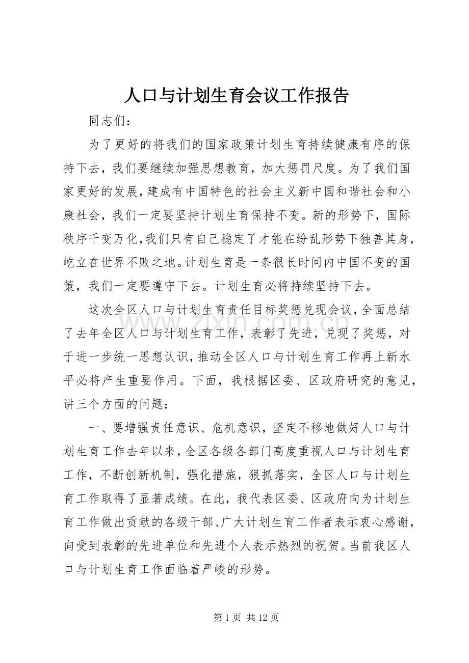 人口与计划生育会议工作报告.docx_第1页