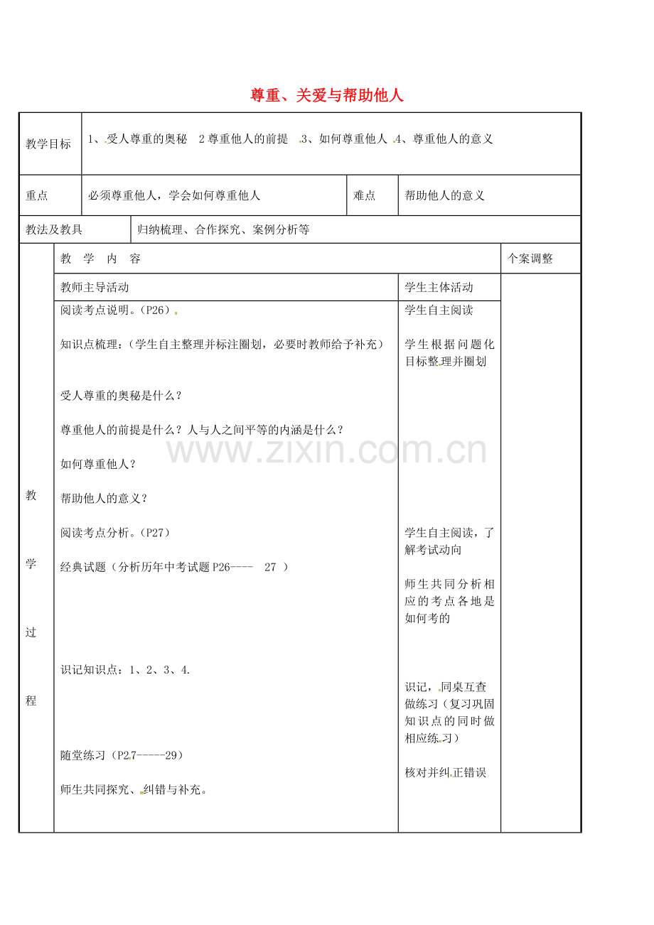 九年级政治全册 考点7 尊重、关爱与帮助他人教案 苏教版-苏教版初中九年级全册政治教案.doc_第1页