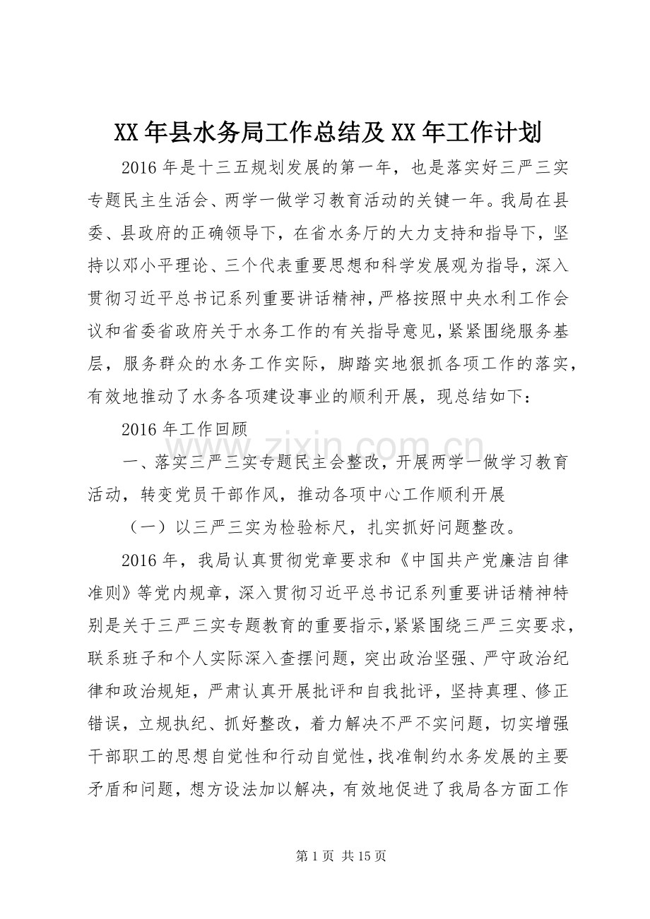 XX年县水务局工作总结及XX年工作计划 .docx_第1页