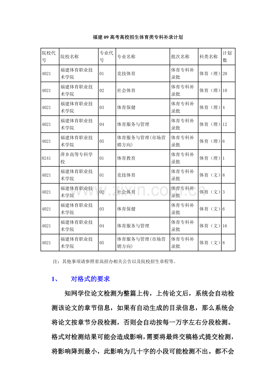 福建09高考高校招生体育类专科补录计划.doc_第1页